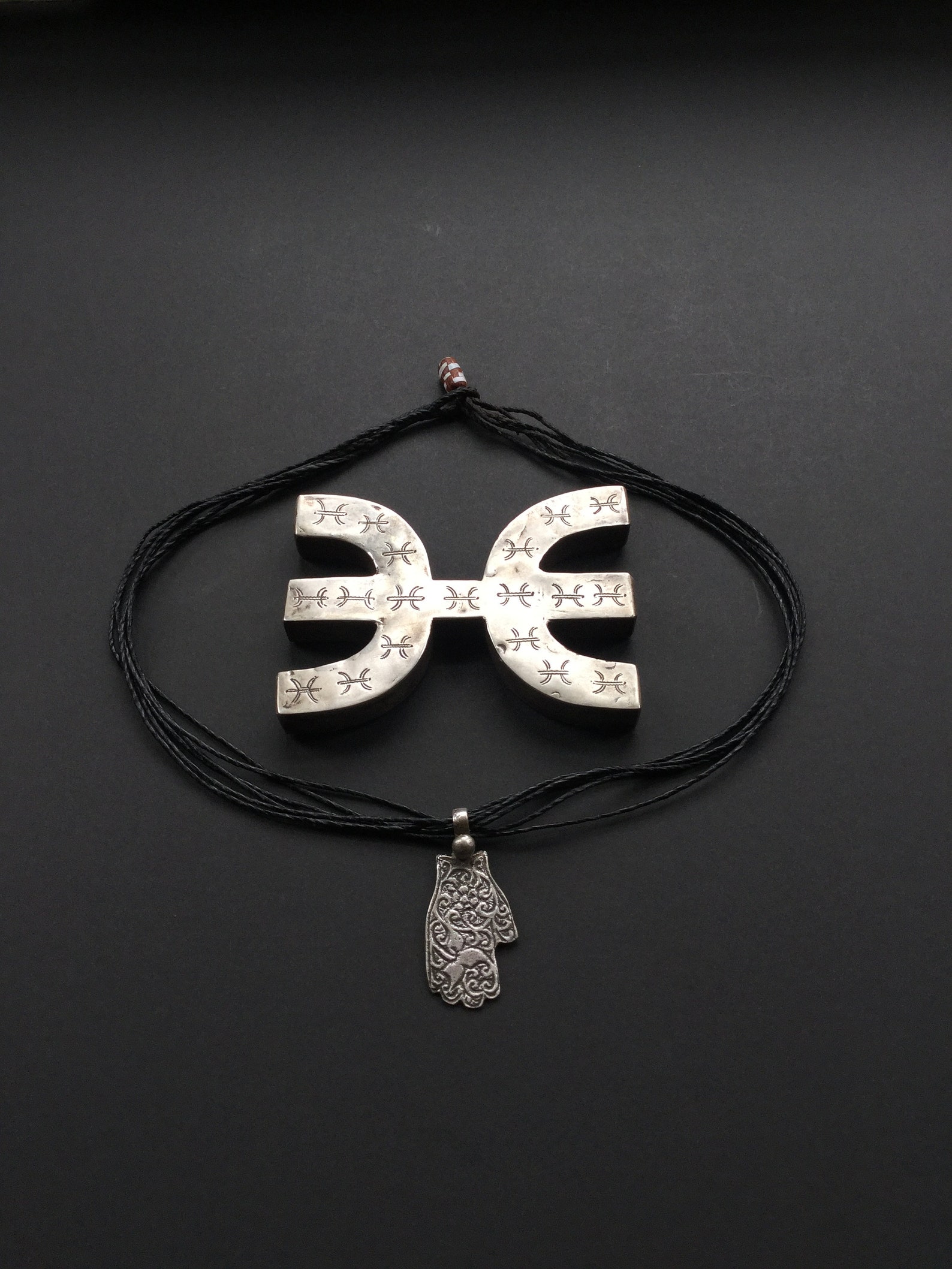 Amazigh Berber Khamsa Hamsa Hand Amulet Necklace with Tuareg Cord