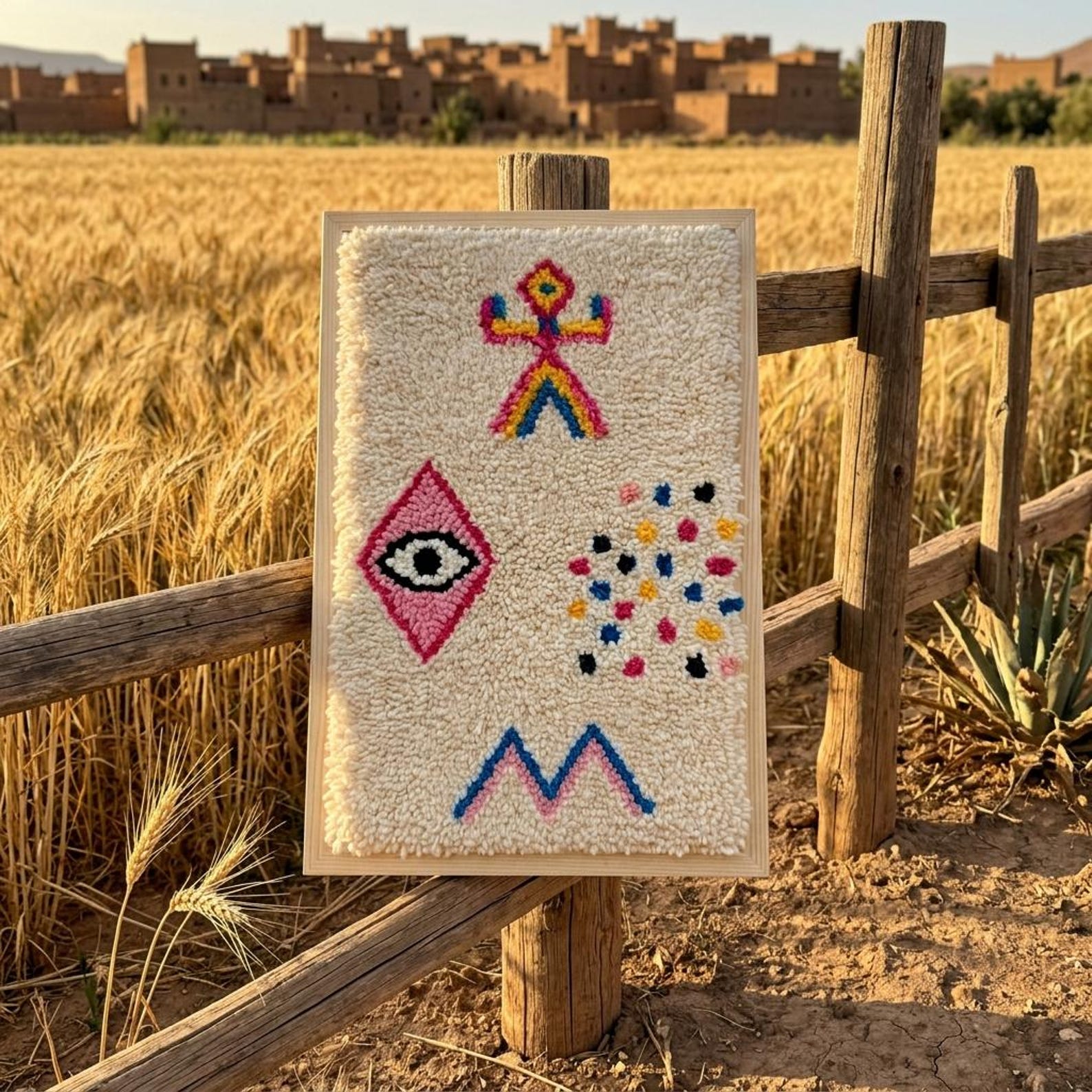 Berber Amazigh Knotted Wool Tapestry Protective Eye Symbol Wall Art