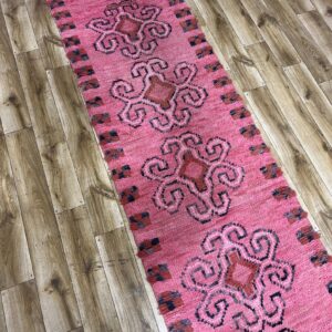 Amazigh Berber Pink Spiral Vintage Hand Knotted Wool Runner Rug