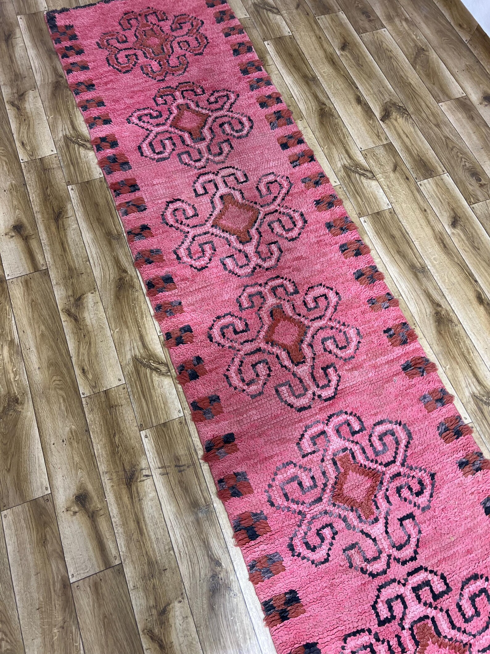 Amazigh Berber Pink Spiral Vintage Hand Knotted Wool Runner Rug