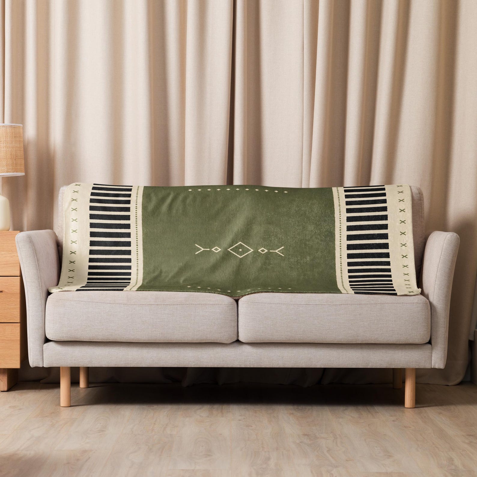 Amazigh Berber Sherpa Blanket Olive Green North African Modern Geometric Throw