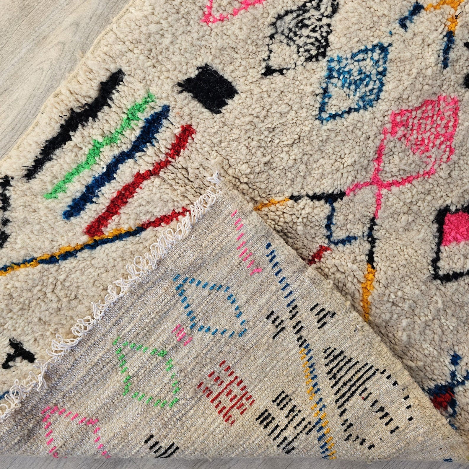 Colorful Berber Amazigh Azilal Beni Ourain Wool Rug Tribal Design