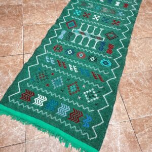 Amazigh Berber Green Handwoven Runner Rug with Geometric Patterns