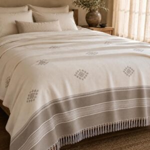 Amazigh Berber Cotton Blanket Taupe Throw with Fringe Bedspread