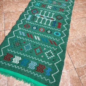 Amazigh Berber Green Handwoven Runner Rug with Geometric Patterns