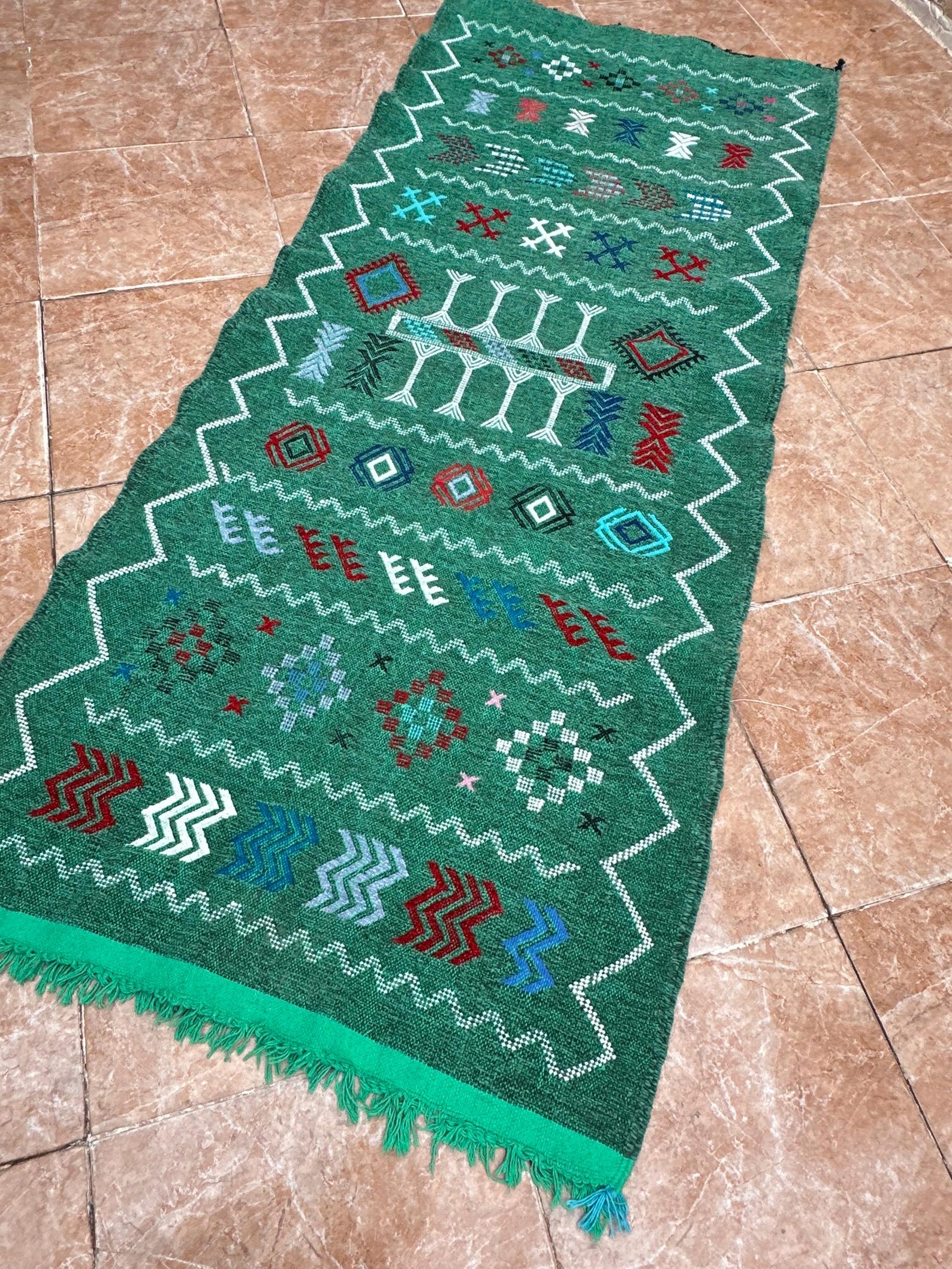 Amazigh Berber Green Handwoven Runner Rug with Geometric Patterns