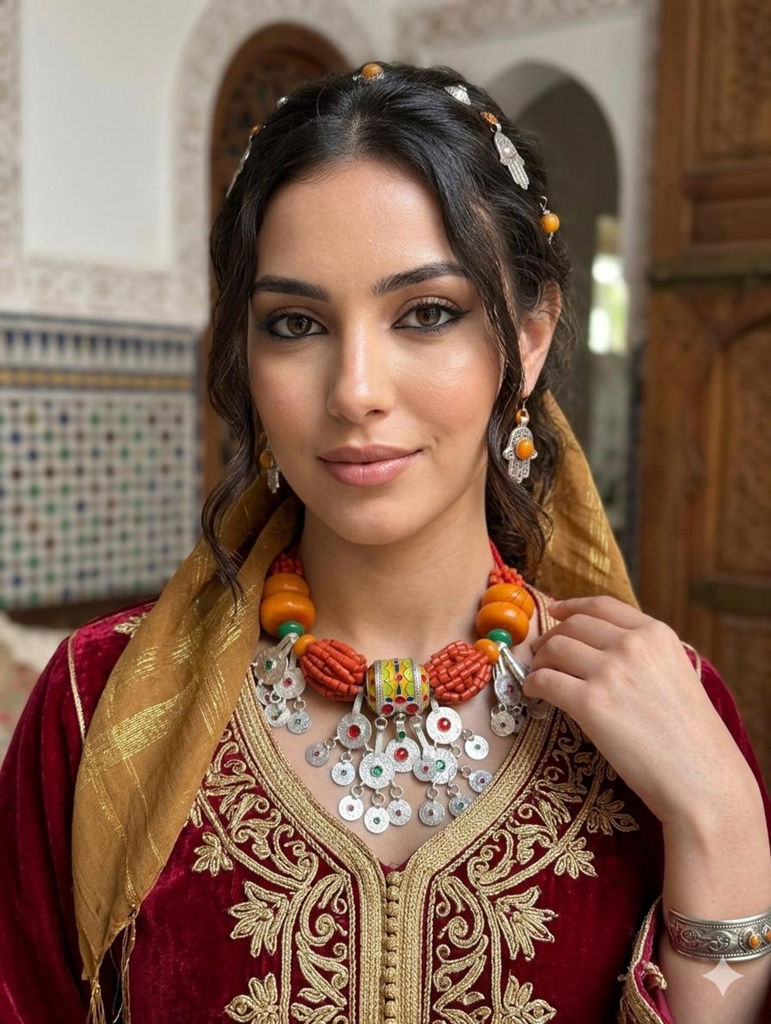 Amazigh Berber Amber Coral Tribal Silver Statement Necklace