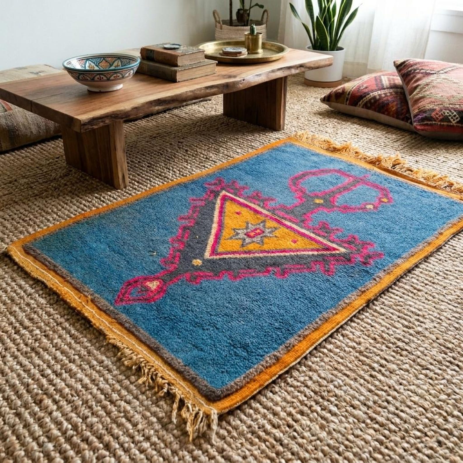 Amazigh Berber Tazenakht Boujaad Wool Rug with Red Geometric Patterns