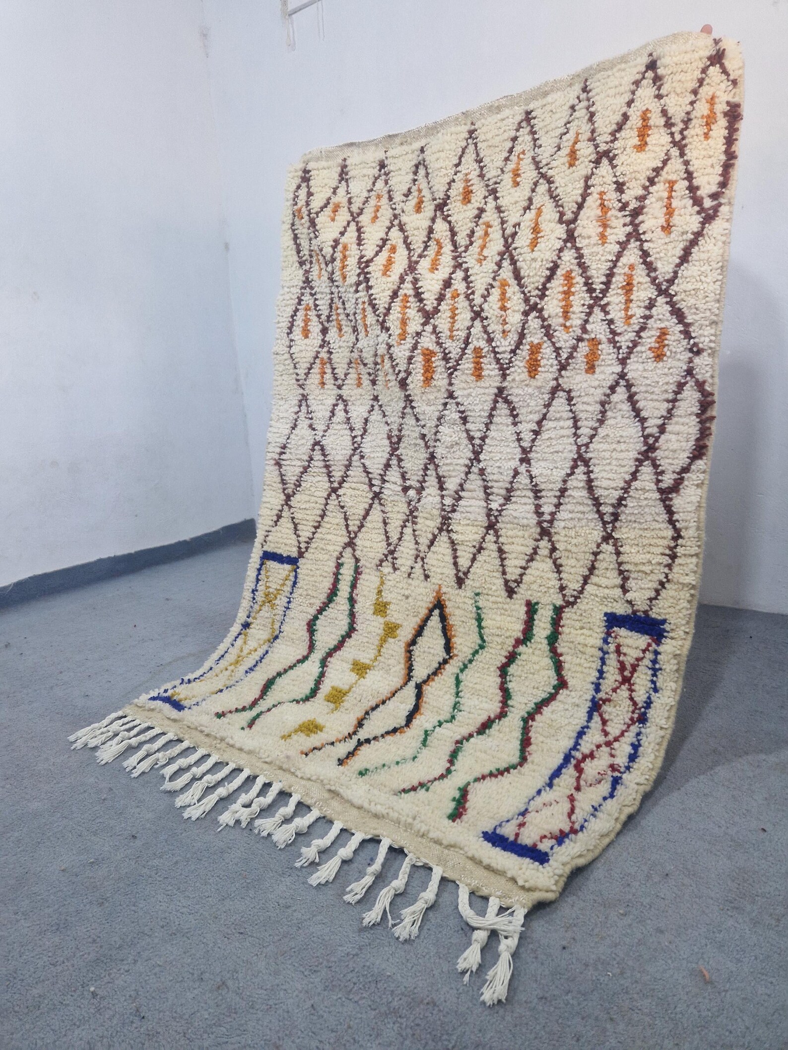 Emerald Green Amazigh Berber Handmade Wool Boujad Rug with Tribal Design