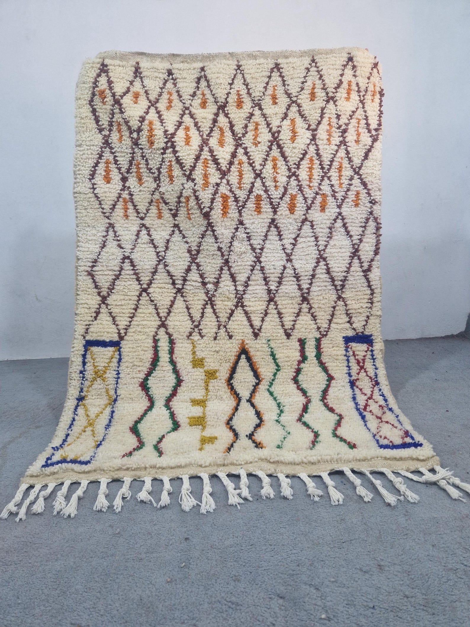 Emerald Green Amazigh Berber Handmade Wool Boujad Rug with Tribal Design