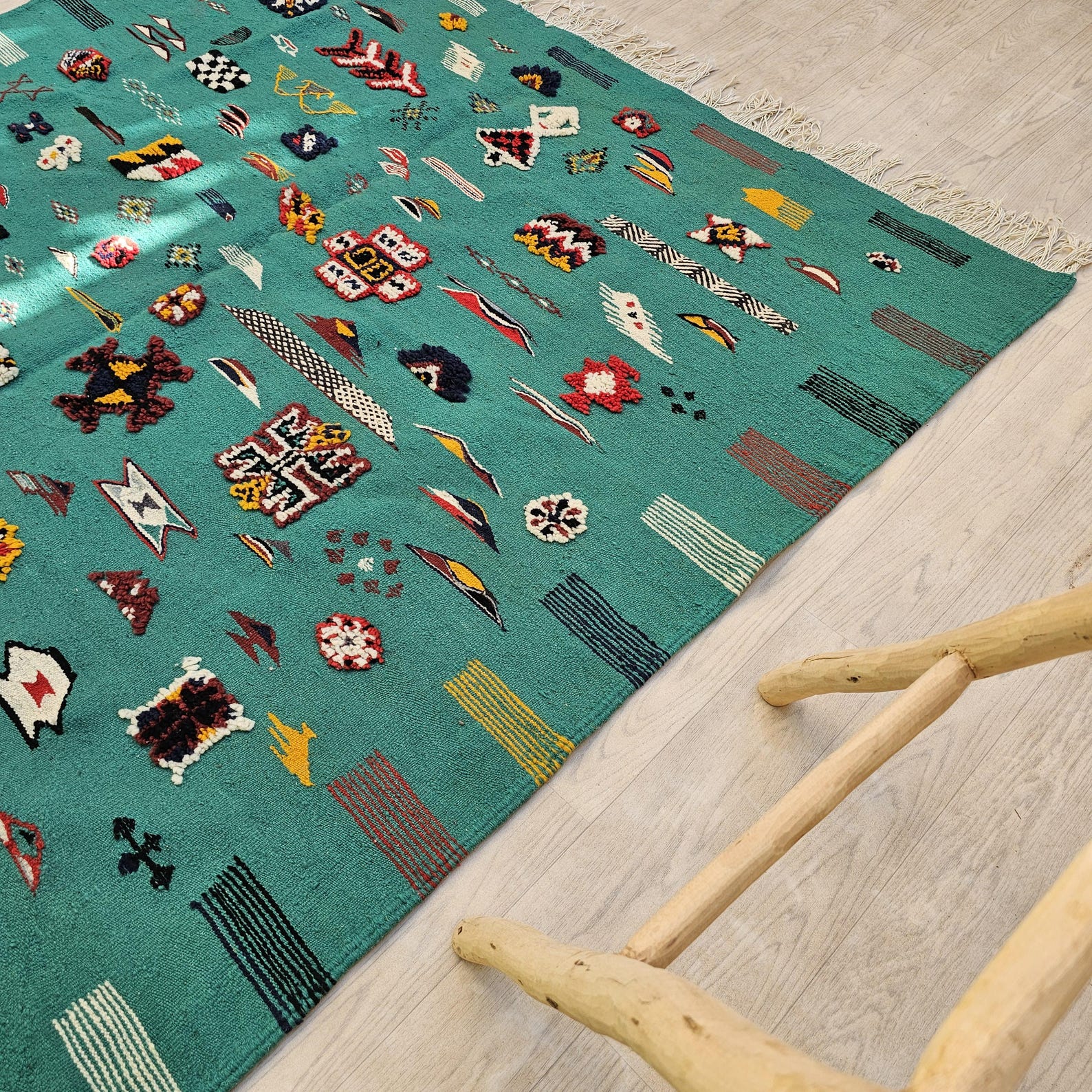 Amazigh Berber Colorful Teal Wool Rug with Tribal Symbols