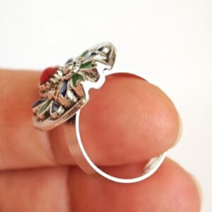 Amazigh Berber Kabyle Adjustable Silver Enamel Ring with Flower Motif