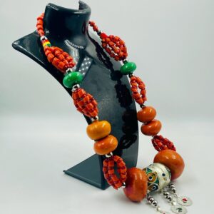 Berber Amazigh Resin Bead Statement Necklace Red Orange Green
