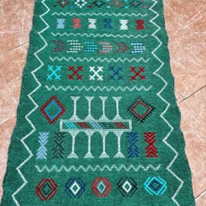Amazigh Berber Green Handwoven Runner Rug with Geometric Patterns