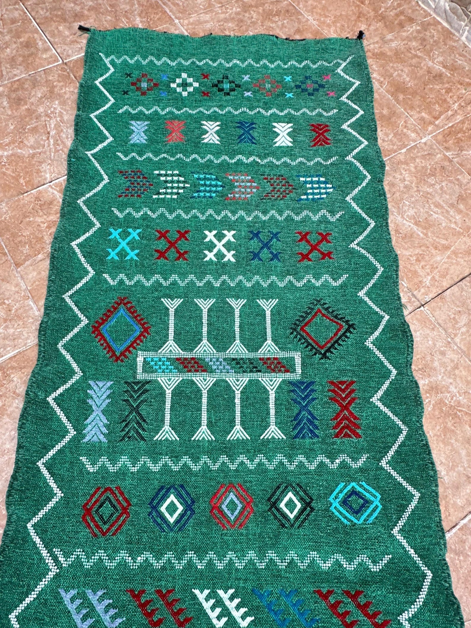 Amazigh Berber Green Handwoven Runner Rug with Geometric Patterns