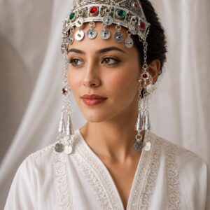 Amazigh Berber Bridal Headband with Silver Green Red Stones