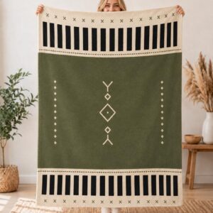 Amazigh Berber Sherpa Blanket Olive Green North African Modern Geometric Throw