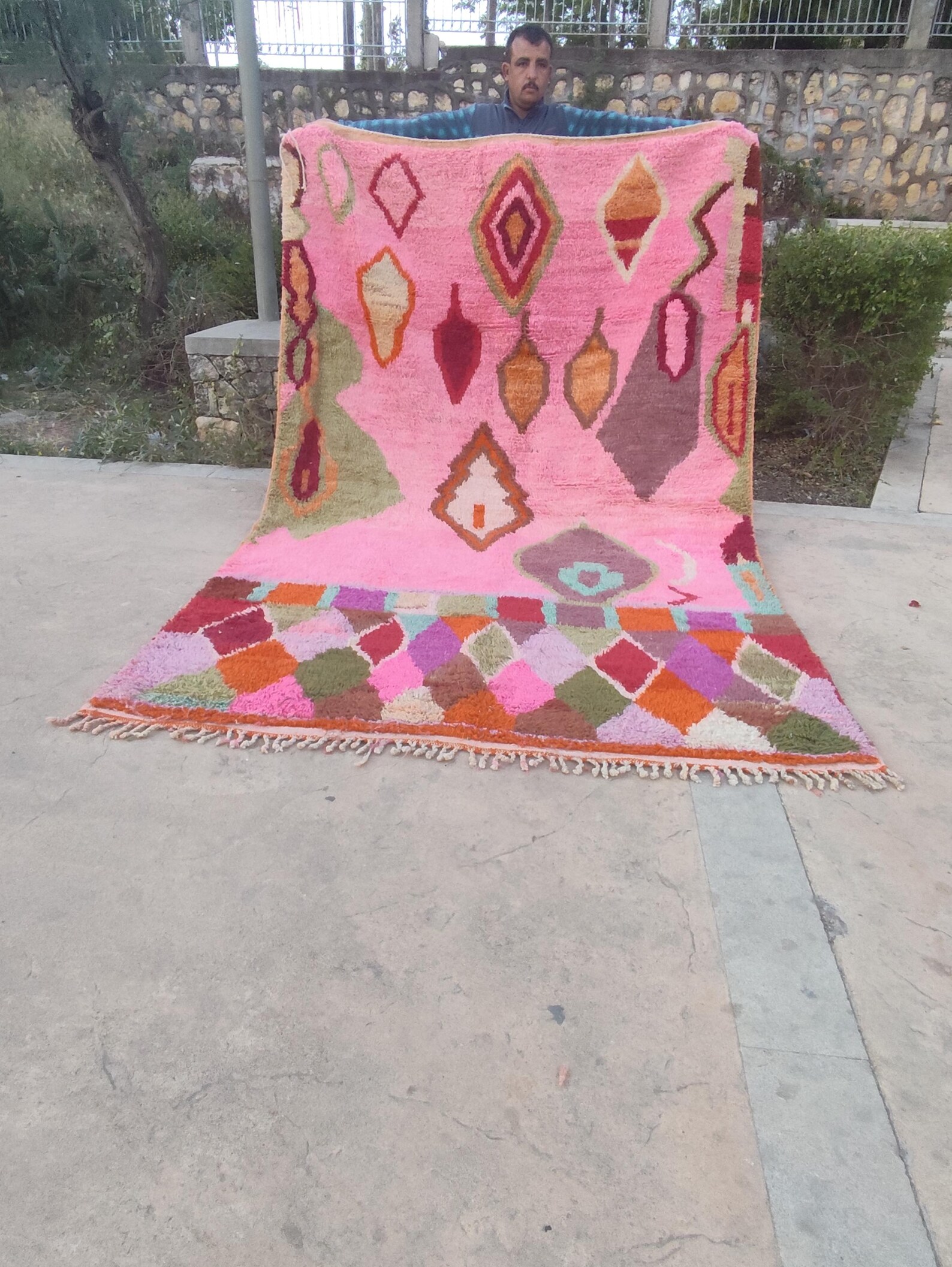 Colorful Berber Azilal Wool Rug with Geometric Handmade Design