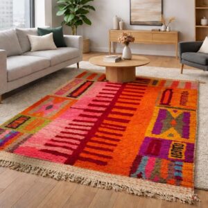 Amazigh Berber Beni Ourain Orange Geometric Wool Rug Modern Style