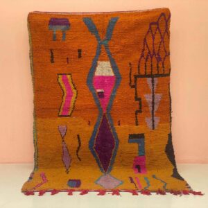 Berber Azilal Ochre Rust Diamond Wool Rug with Tribal Art Design
