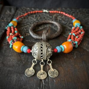 Amazigh Berber Tagmout Necklace with Coral Turquoise Copal Beads