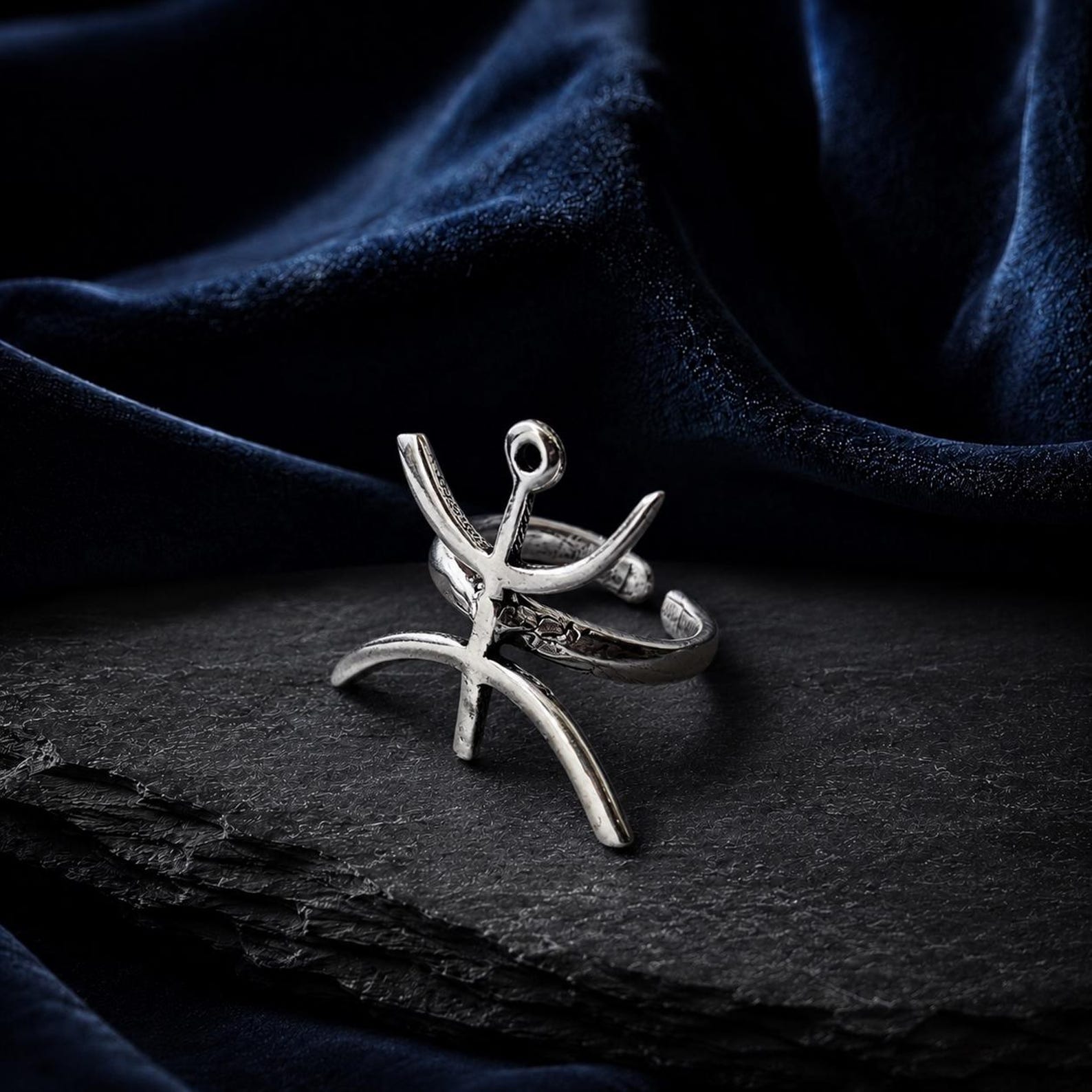 Amazigh Yaz Symbol Ring in Silver Plated Brass Tribal Design
