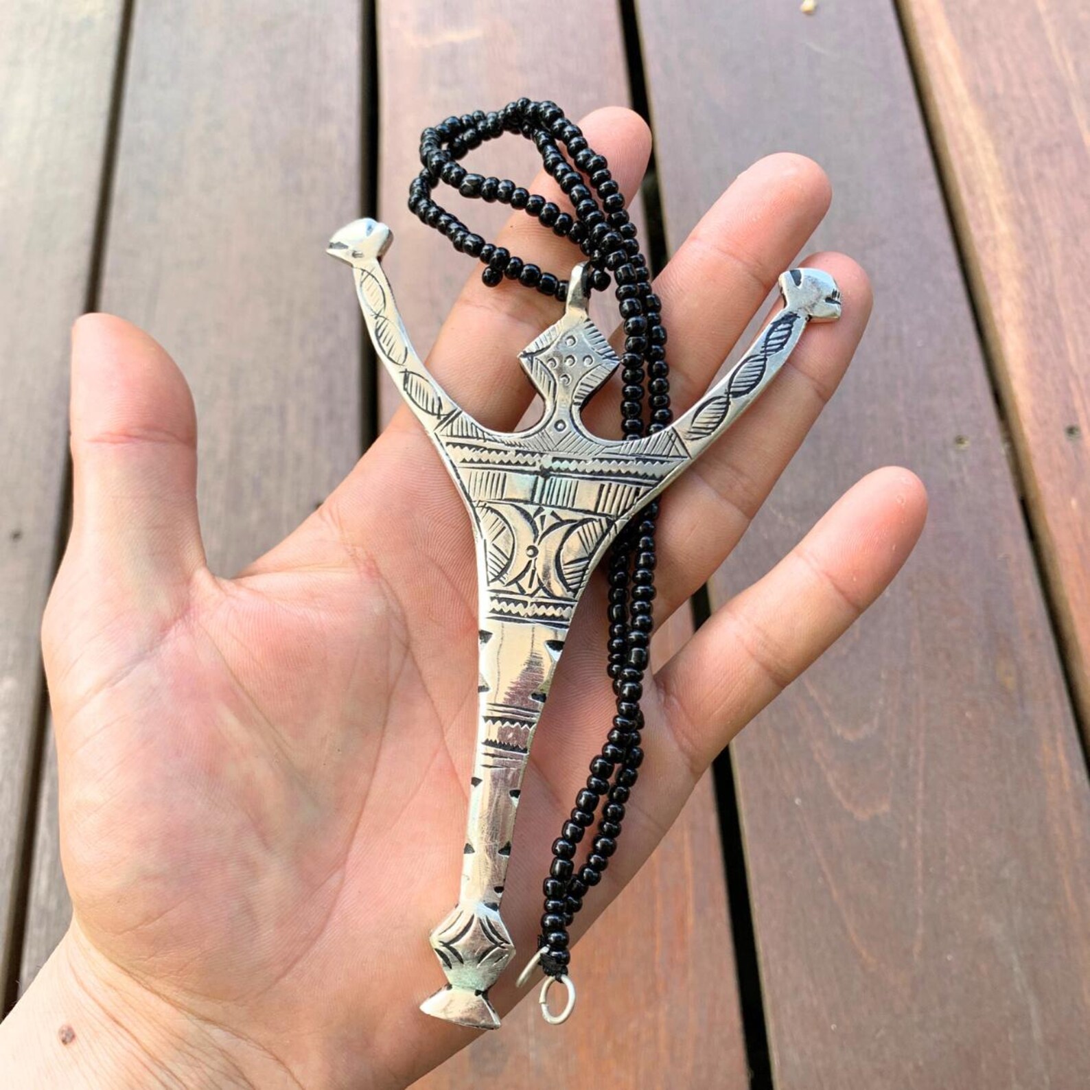 Berber Amazigh Handmade Tuareg Cross Necklace with Black Bead Chain
