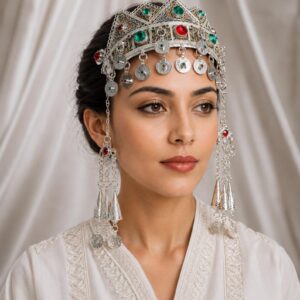 Amazigh Berber Bridal Headband with Silver Green Red Stones
