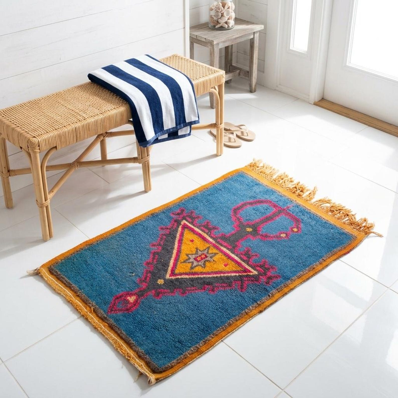 Amazigh Berber Tazenakht Boujaad Wool Rug with Red Geometric Patterns