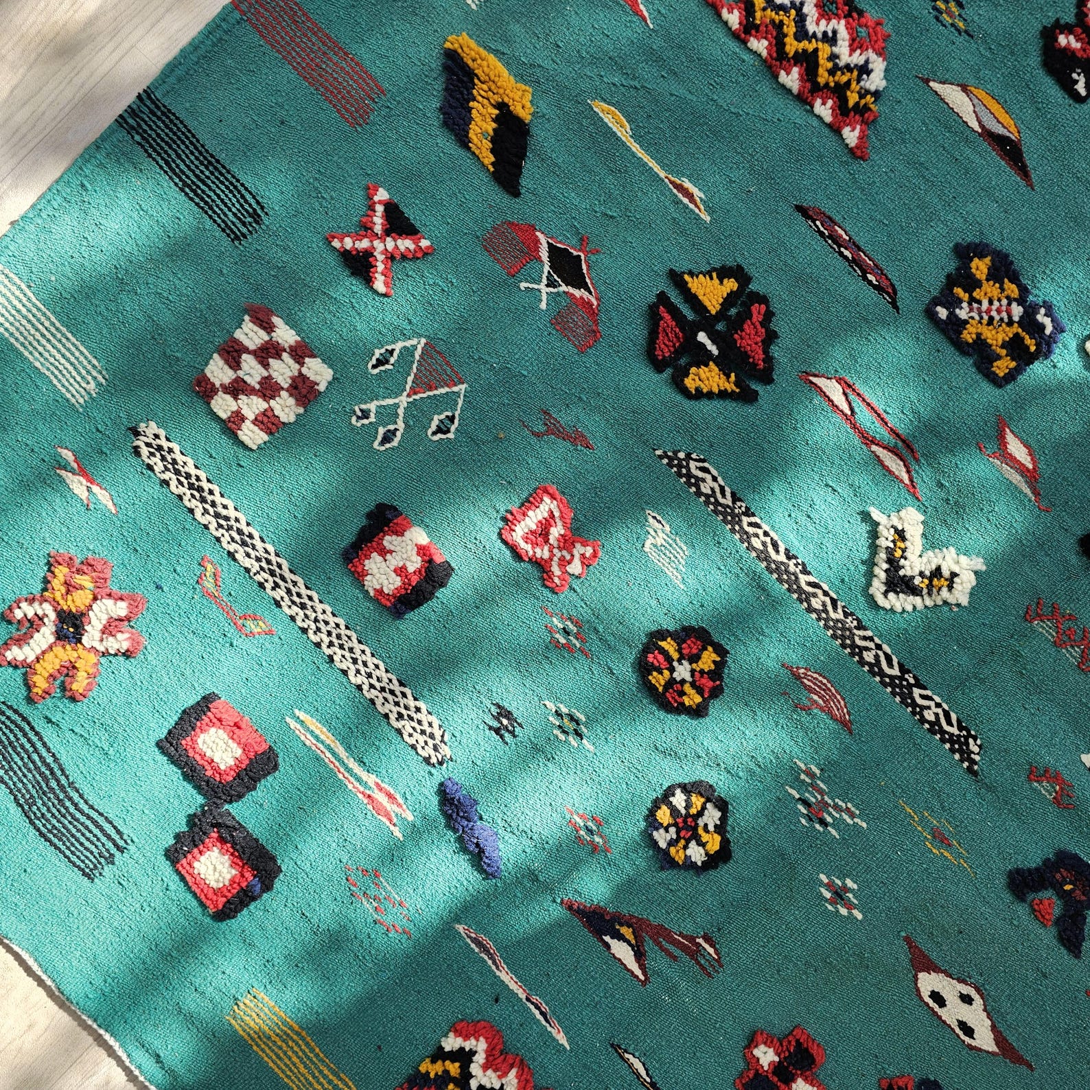 Amazigh Berber Colorful Teal Wool Rug with Tribal Symbols
