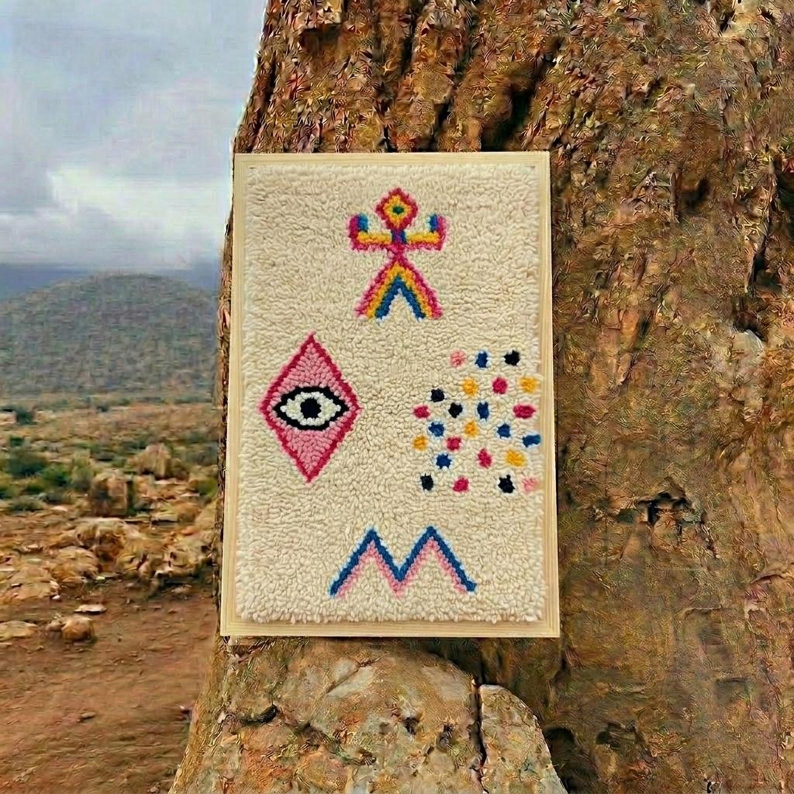 Berber Amazigh Knotted Wool Tapestry Protective Eye Symbol Wall Art