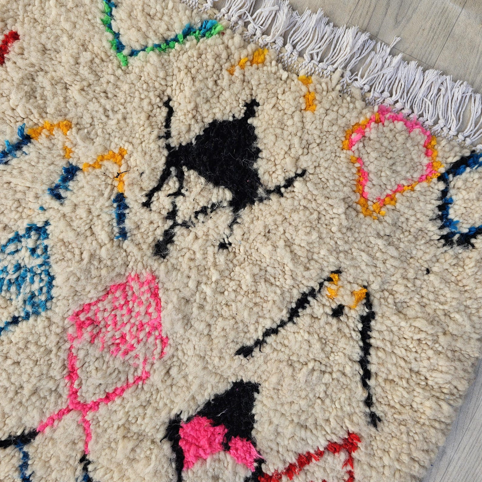 Colorful Berber Amazigh Azilal Beni Ourain Wool Rug Tribal Design