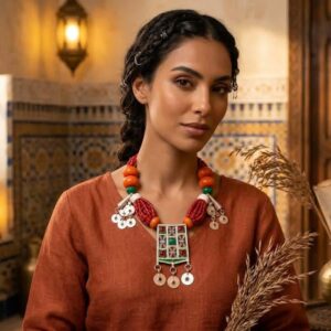 Amazigh Berber Colorful Necklace with Metal Pendant Jewelry