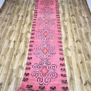 Amazigh Berber Pink Spiral Vintage Hand Knotted Wool Runner Rug