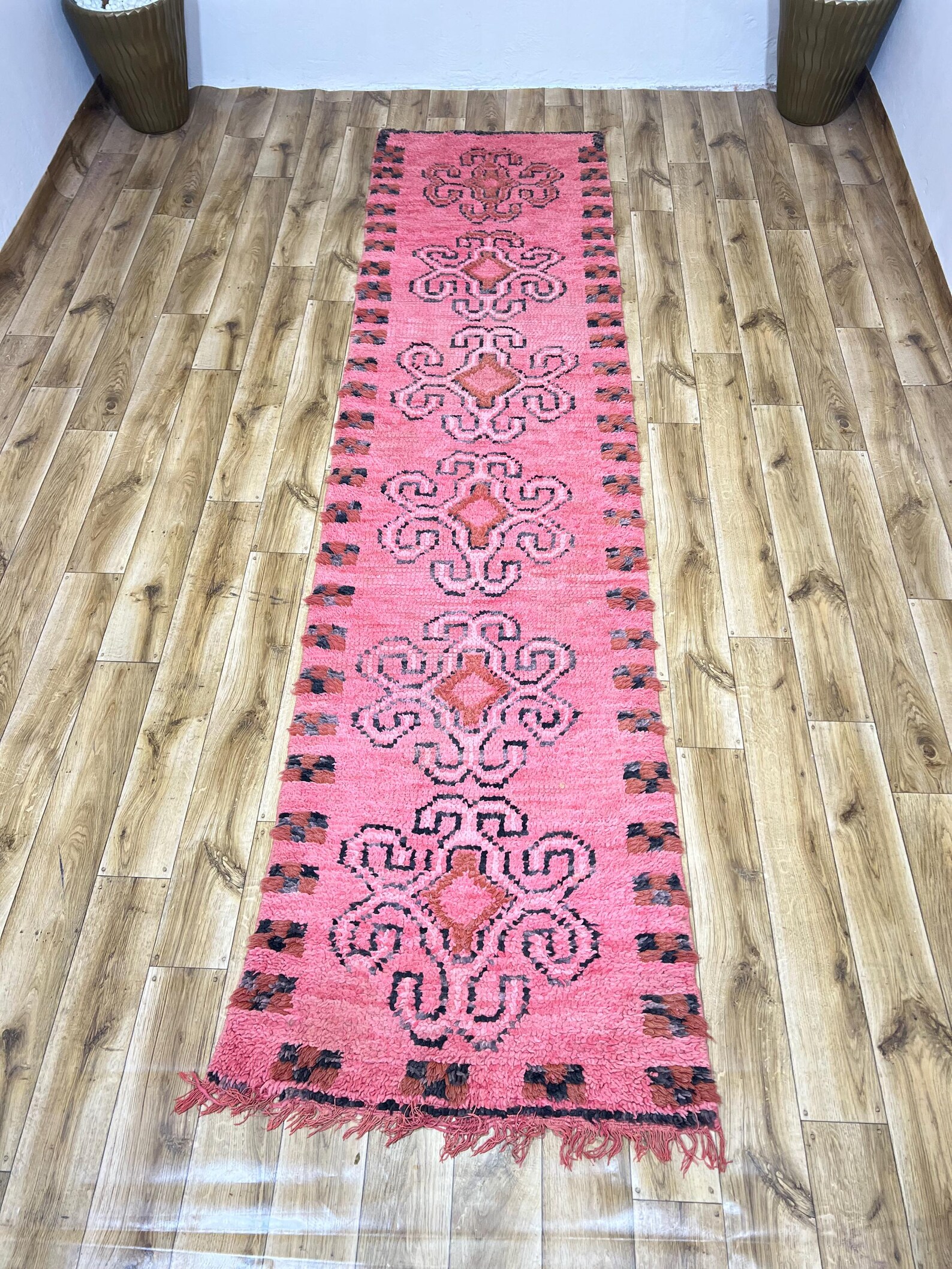 Amazigh Berber Pink Spiral Vintage Hand Knotted Wool Runner Rug