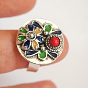 Amazigh Berber Kabyle Adjustable Silver Enamel Ring with Flower Motif