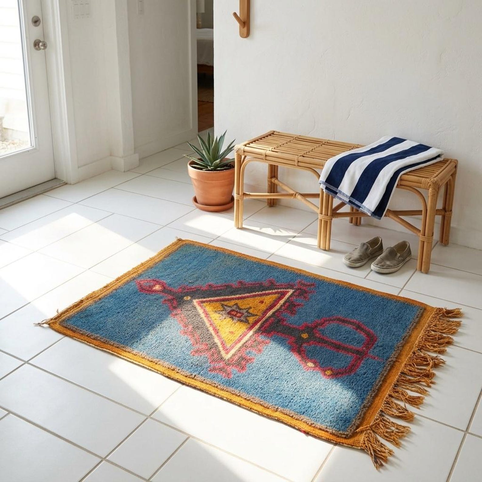Amazigh Berber Tazenakht Boujaad Wool Rug with Red Geometric Patterns
