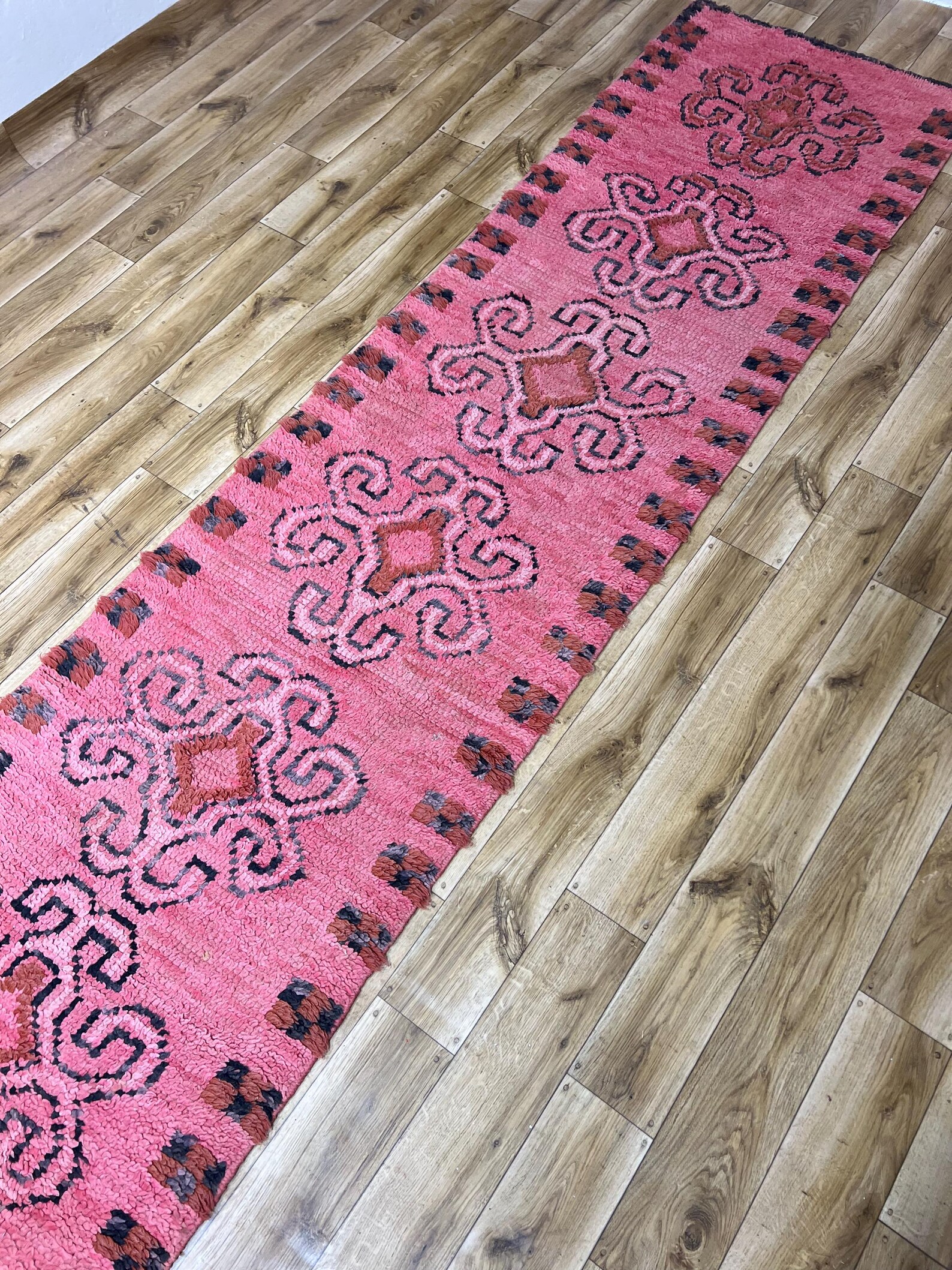 Amazigh Berber Pink Spiral Vintage Hand Knotted Wool Runner Rug