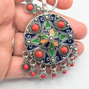Amazigh Berber Kabyle Enamel Metal Fibula with Colorful Rosette Design