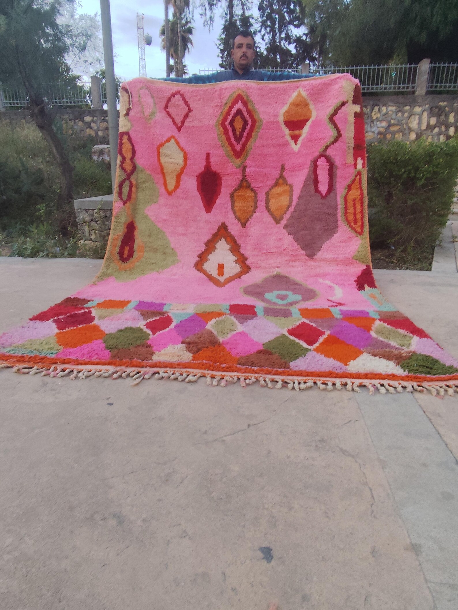 Colorful Berber Azilal Wool Rug with Geometric Handmade Design
