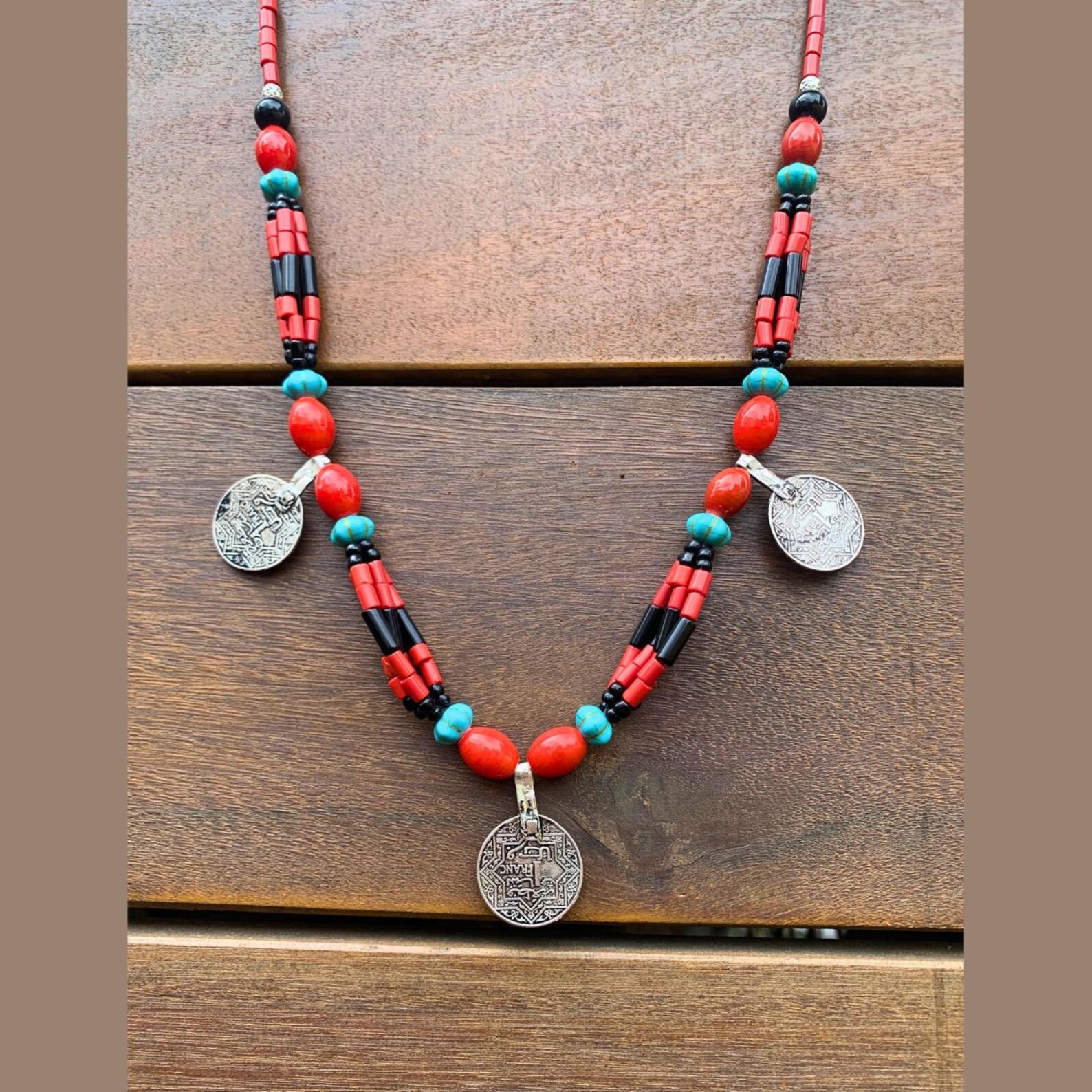 Vintage Berber Amazigh Antique Coin Coral Beaded Necklace