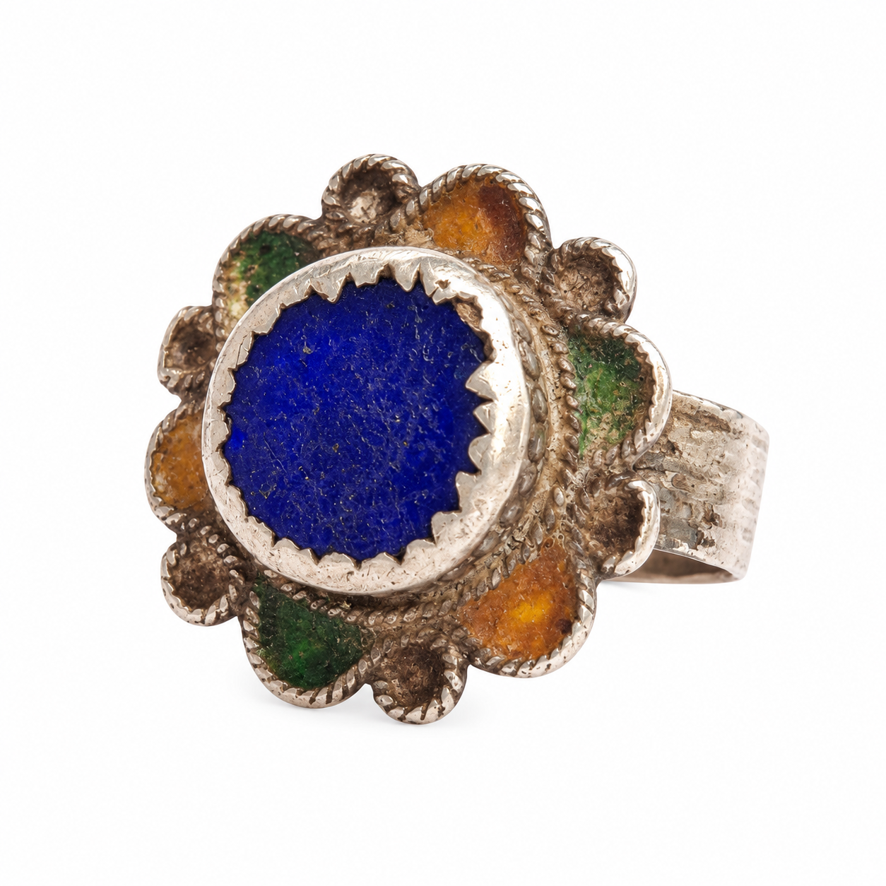 Amazigh Antique Berber Silver Ring with Blue Glass Flower Size 8