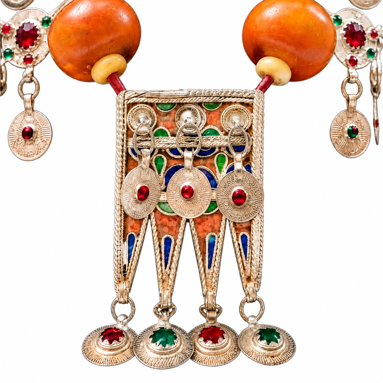 Amazigh Berber Amber Bead Statement Necklace with Silver Tone Charms