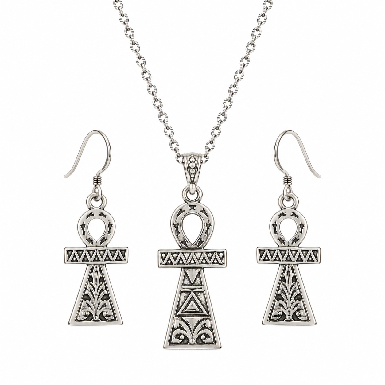 Amazigh Berber Ankh Jewelry Set with Necklace and Earrings Sterling Silver