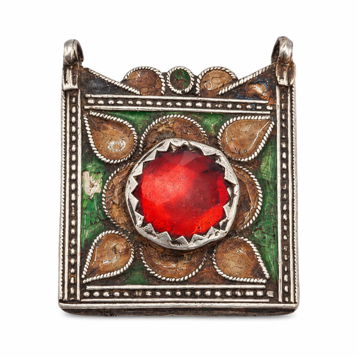 Amazigh Berber Antique Silver Glass Enamel Pendant Necklace Charm