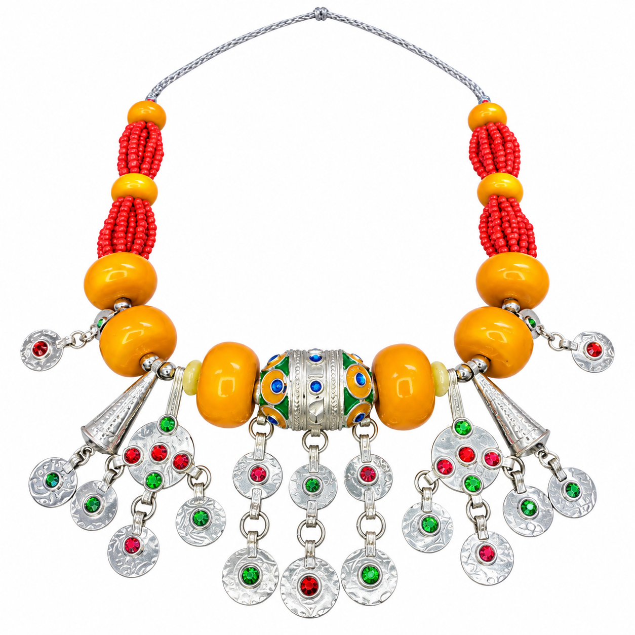 Amazigh Berber Beaded Statement Necklace with Silver Charms