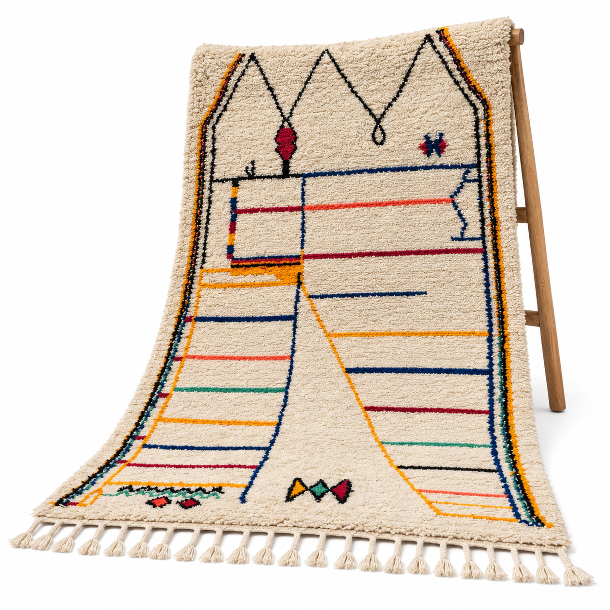 Amazigh Berber Beni Ourain Wool Rug with Geometric Cream Black Design