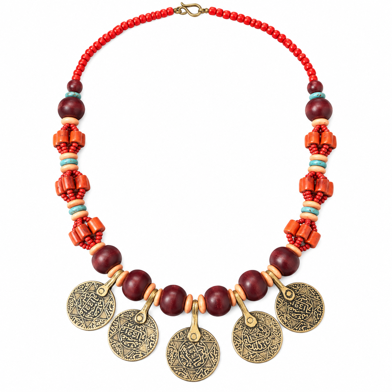 Amazigh Berber Five Coin Beaded Artisan Traditional Necklace