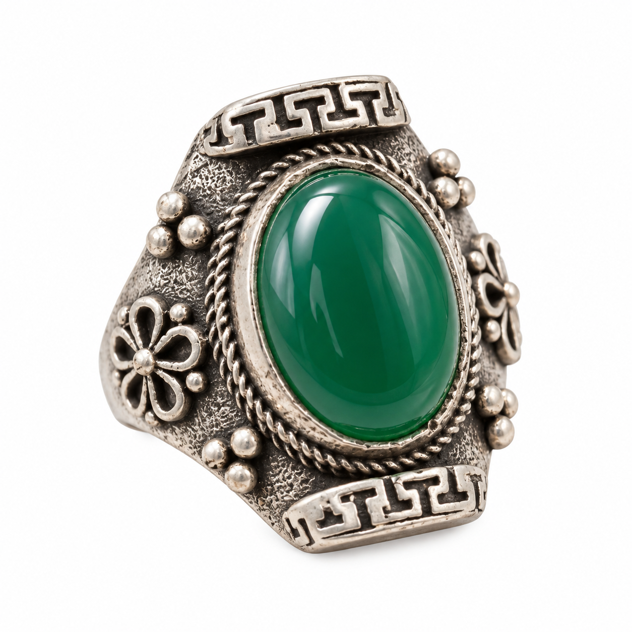 Amazigh Berber Green Agate Silver Statement Ring with Tribal Details