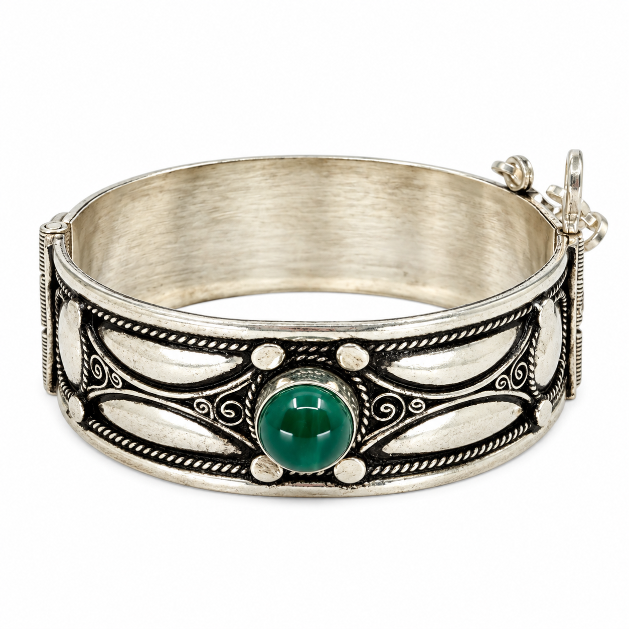 Amazigh Berber Green Cabochon Bracelet with Articulated Cuff Design